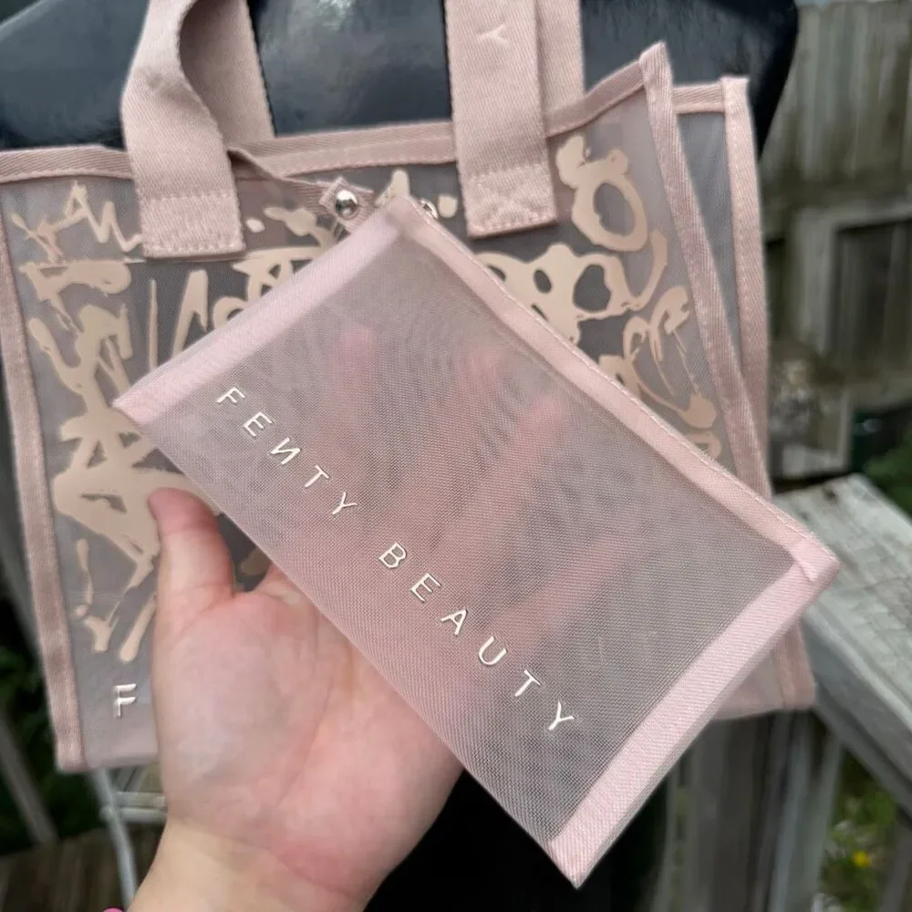 Fenty Beauty Pink Mesh Graffiti Tote Bag With Matching Zip Pouch